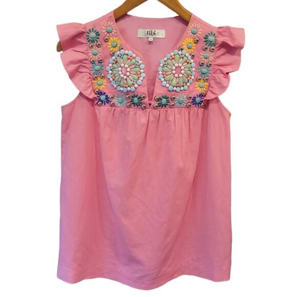 Tibi Flutter Sleeve Beaded Embroidered Linen Cotton Mexican Style Top Pink 4 - Picture 3 of 11